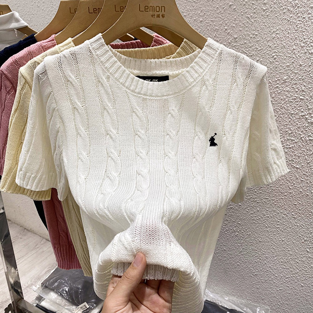 Pony label embroidered twist sweater for women round neck ice silk sweater short sleeves for women slim short top T-shirt for summer