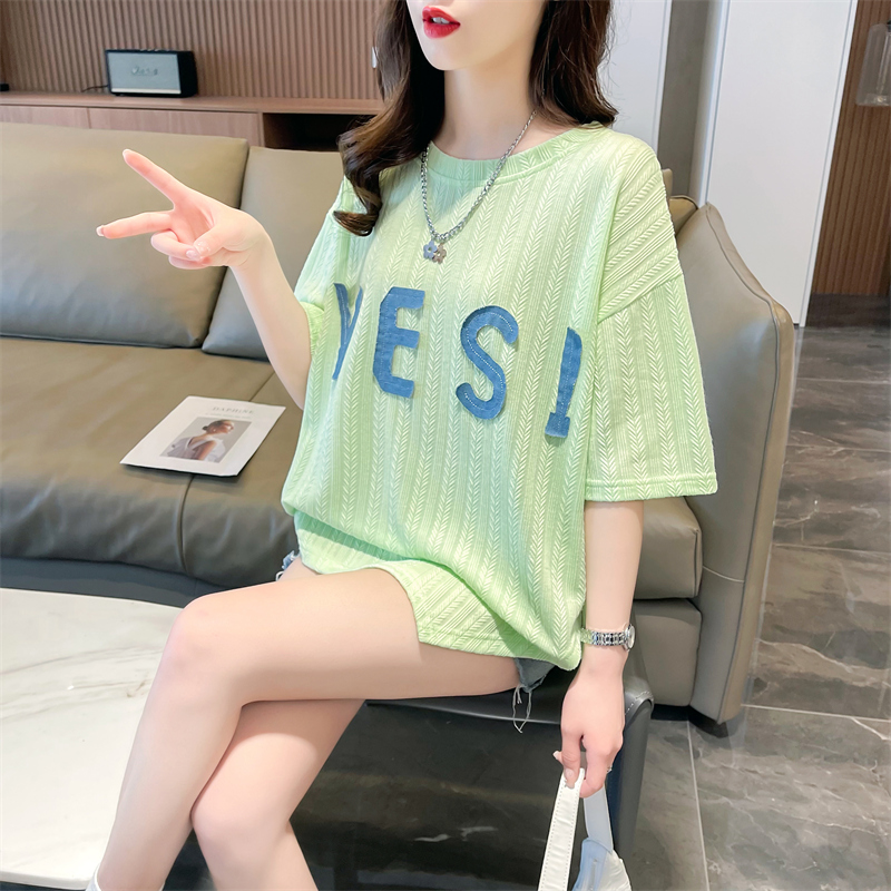 First release real-life jacquard back bag collar Korean version summer contrast printed short-sleeved T-shirt for women
