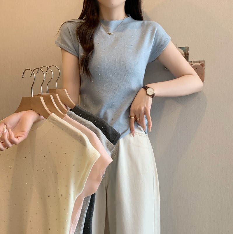 實拍 夏季新款韓版時尚復古滿天星燙鑽修身顯瘦百搭針織上衣