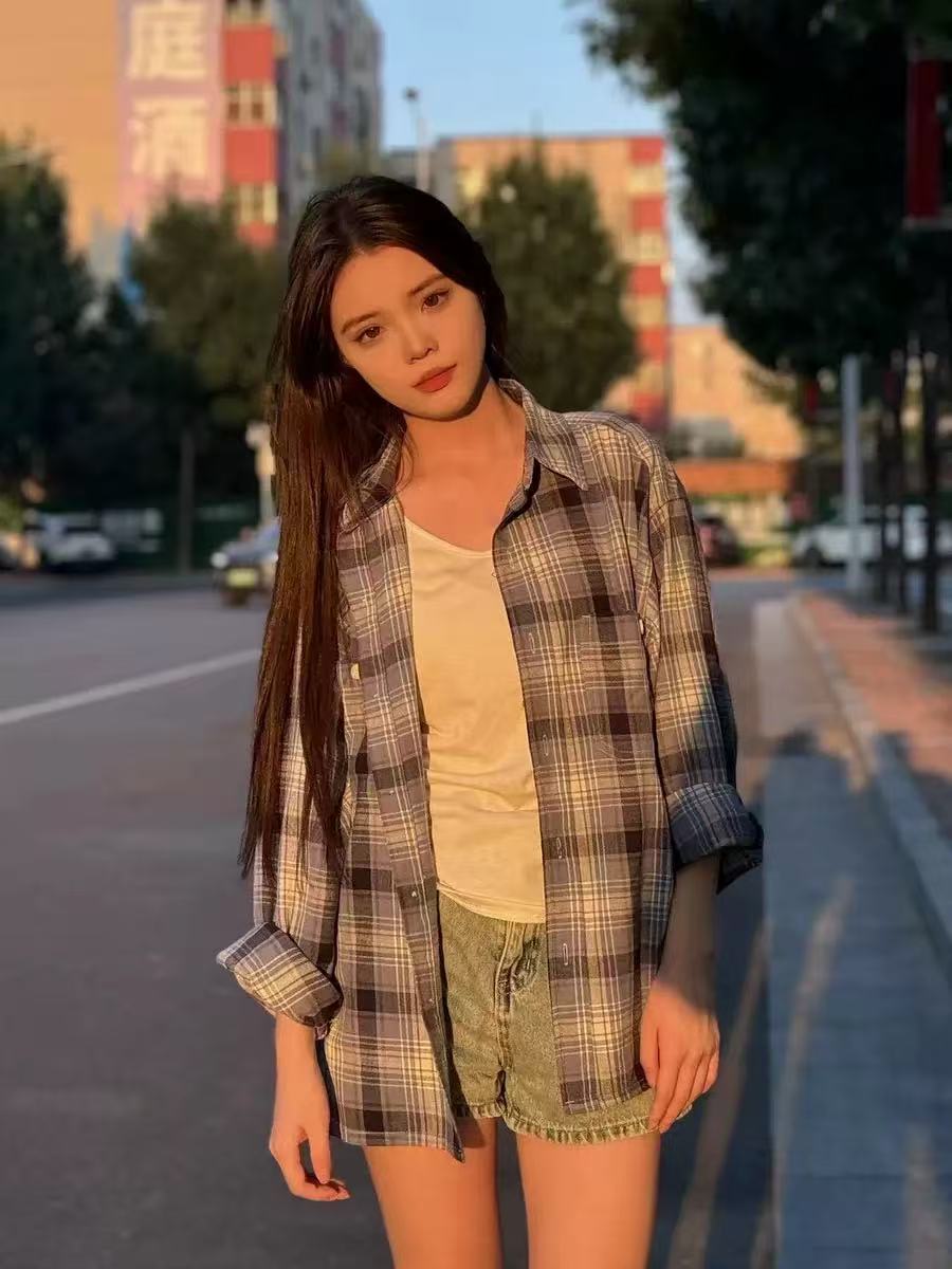 復古藍色格子美式長袖襯衫春秋秋季新款百搭寬鬆襯衣休閒上衣外套