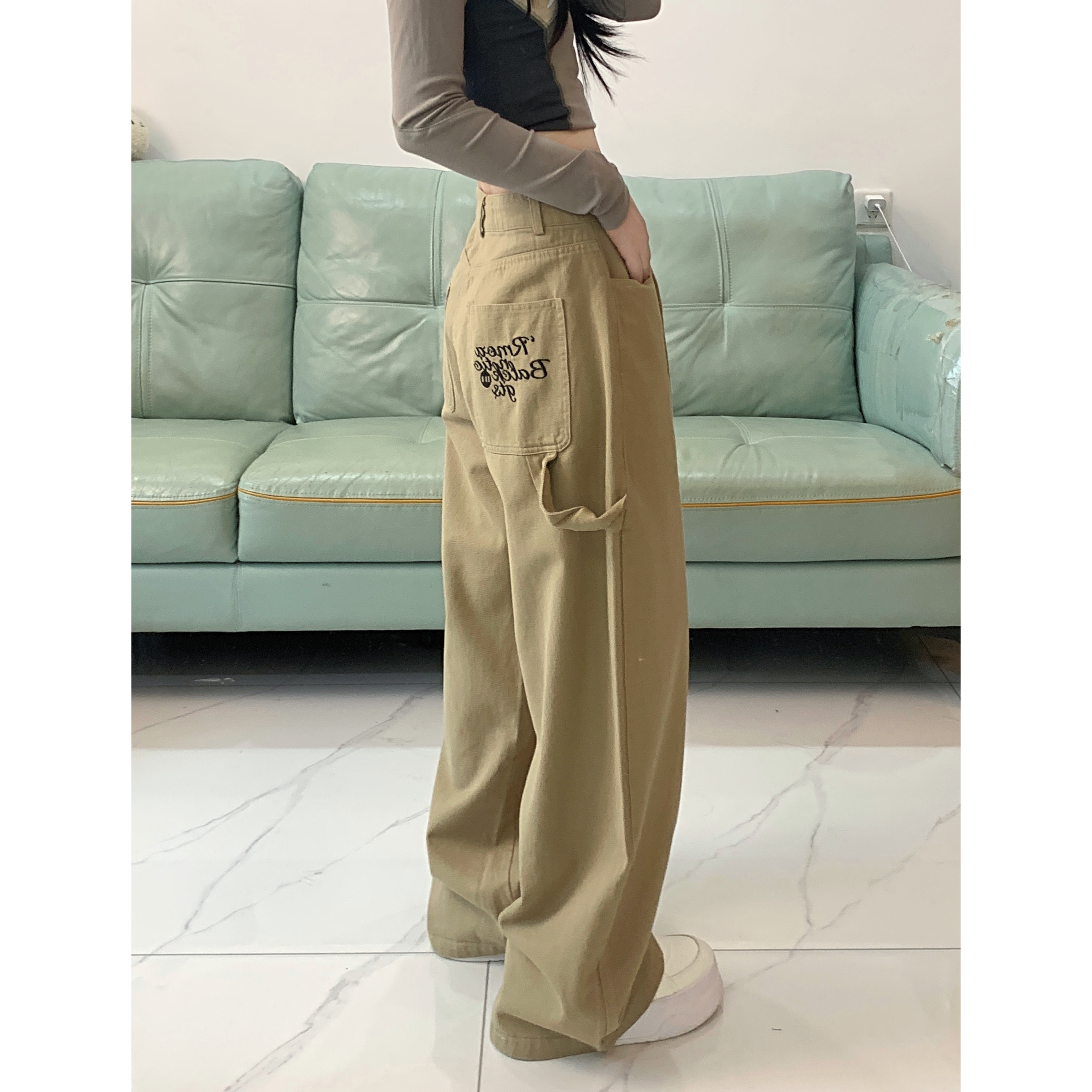 實拍美式街頭口袋刺繡工裝褲女春季寬鬆休閒慵懶闊腿直筒牛仔褲