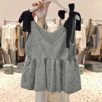 Korea Dongdaemun New Solid Color V-neck Knitted Sling Shirt for Women Loose and Versatile Sweater Vest