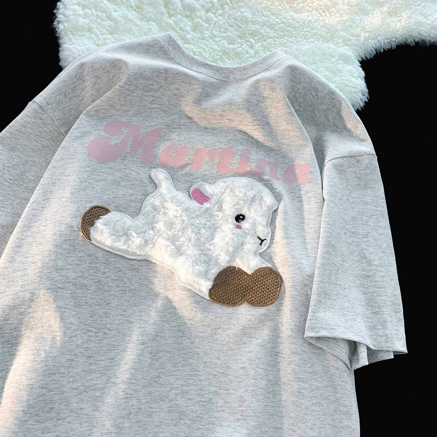 Official picture pure cotton 200g quality 240 catties large size embroidery cartoon flocking short sleeve women
