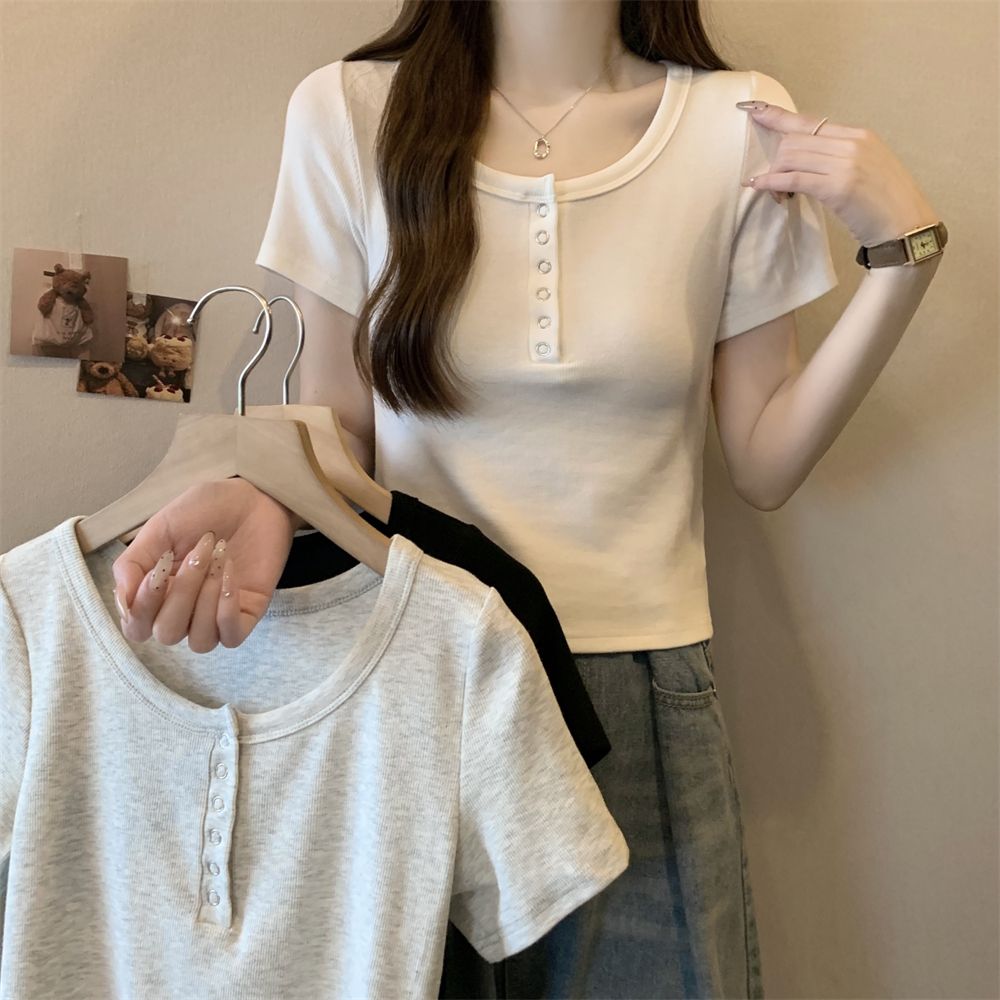 Real photo 40 pure cotton 210g 92 cotton/8 spandex short-sleeved T-shirt women's buttons