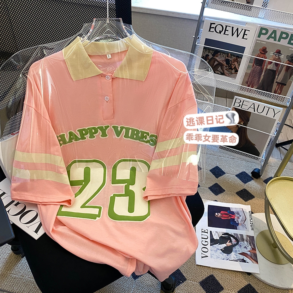 Real shot 65-stretch Polo shirt women's design salt-like letter printing niche age-reducing college