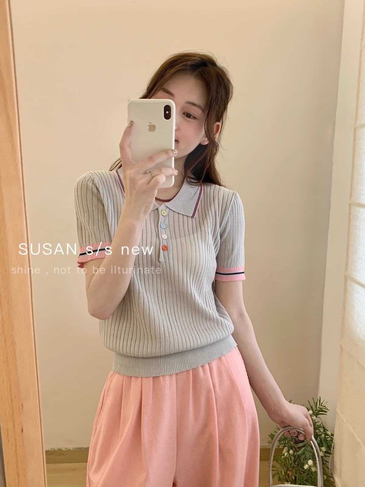 New summer fashion casual versatile Polo collar ice silk buckle contrasting knitted sweater