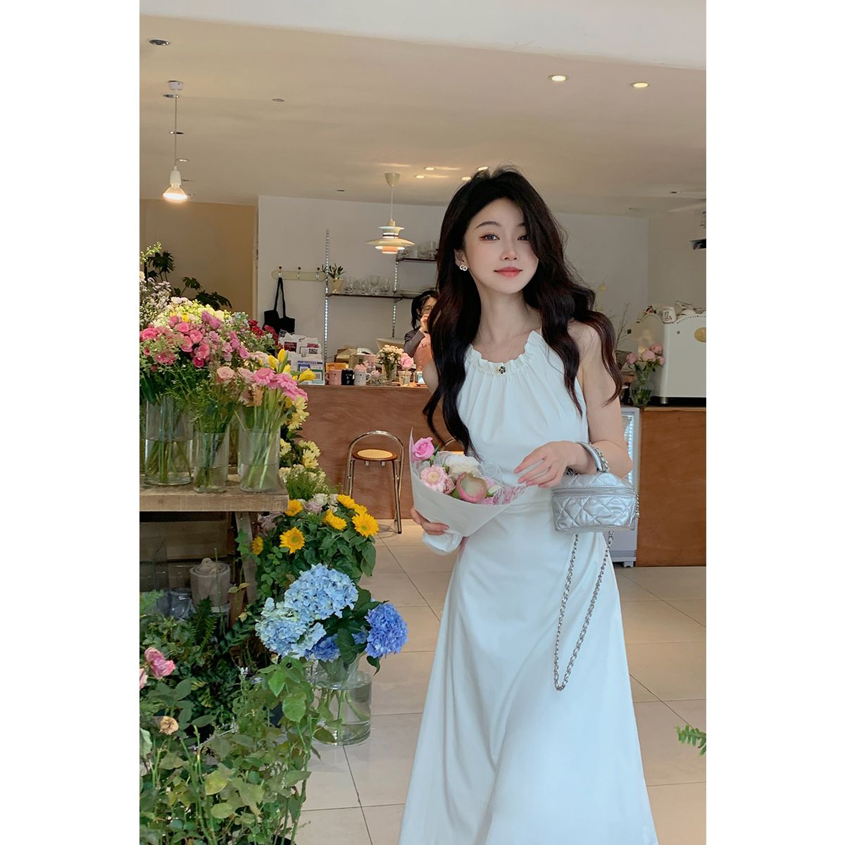 Seaside vacation style waist hollow halter neck suspender dress for women in summer waist slimming mid-length skirt