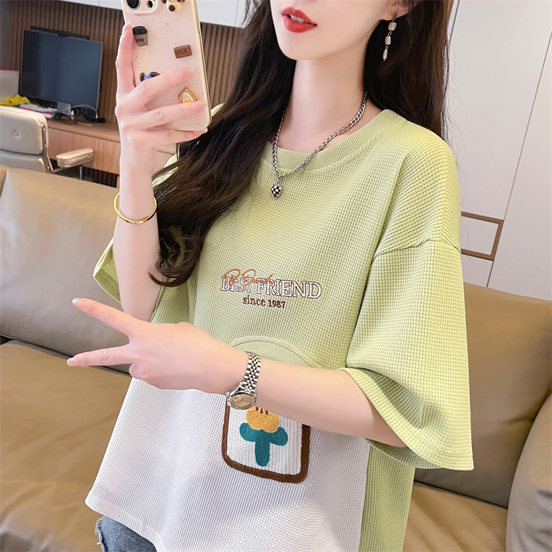 First release real shot new contrasting summer waffle embroidered short-sleeved T-shirt for women