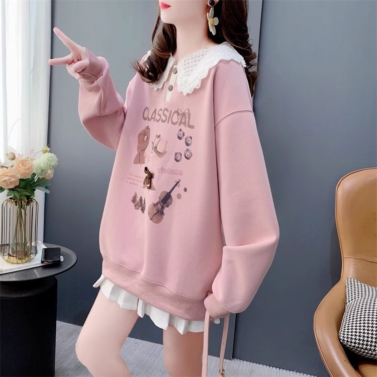 First release imitation Hua Cotton Compound Milk Silk Spring and Autumn Thin Style Loose Large Size Fat mm Doll Collar Sweatshirt for Women