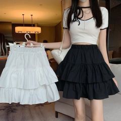 White Short Dress with Puffed Skirt, High-Waisted, Slimming, Summer New Arrival, Small Figure, Lotus Leaf Pleated Skirt for 2025