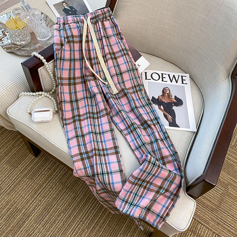 Woven fabric plaid casual pants for women in summer high-waisted slimming drawstring versatile straight wide-leg pants