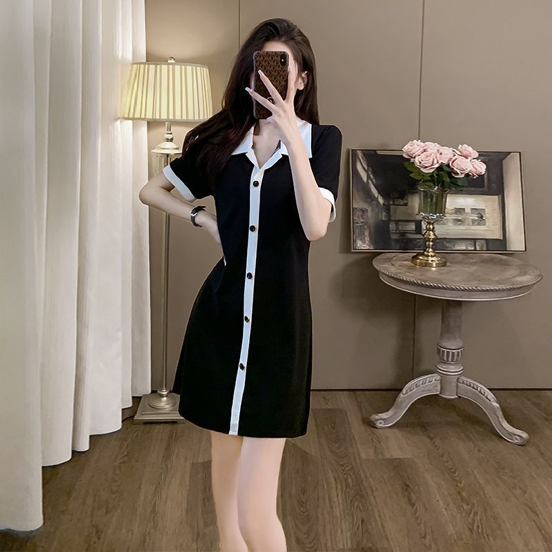 Casual sports dress for women in summer polo collar Hepburn style small black skirt high-end short-sleeved meat-covering T-shirt skirt