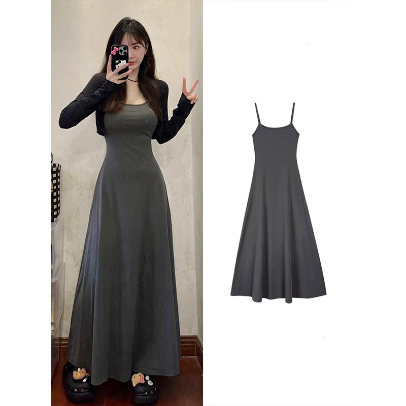 Black hot girl looks slim and slim and long skirt with casual and beautiful suspender dress 2025 new women's summer