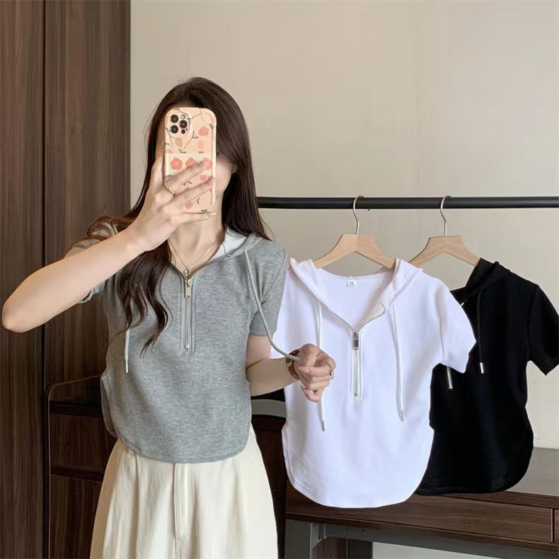 Real photo of ribbed hooded zipper short sleeve T-shirt short top for women