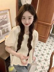 日系藍色方領泡泡袖娃娃衫上衣女夏季小個子短袖襯衫法式別致小衫