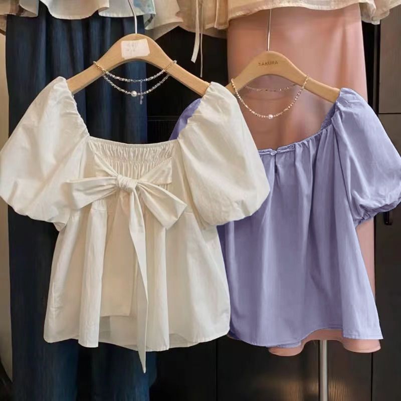 Small fragrance style square collar short-sleeved shirt for women in summer Korean style pleated bows to make internet celebrity sweet top ins