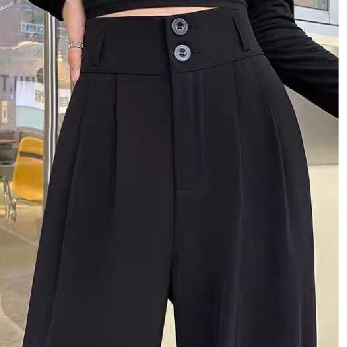 黑色褲子女春夏秋寬鬆高腰闊腿褲小個子高級垂感窄版直筒西裝褲潮