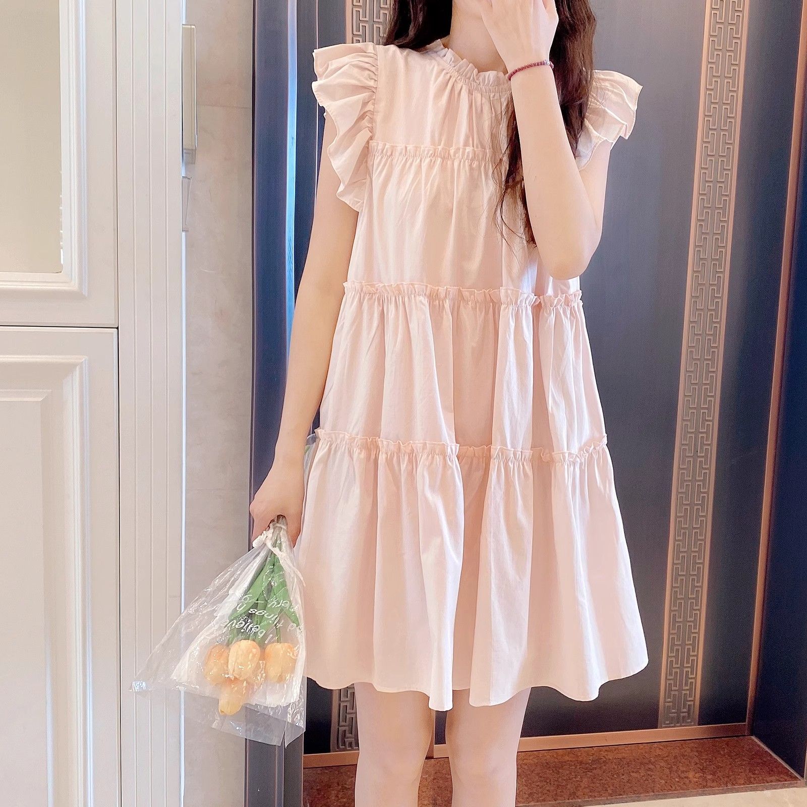 French small flying sleeves women's summer Korean style commuting loose short skirt round neck flying sleeves sweet temperament slim dress