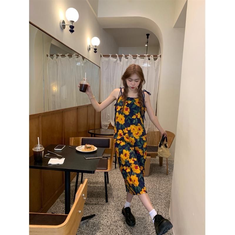 Korean style suspender dress for women summer French tea break retro flower print loose slim sleeveless long skirt