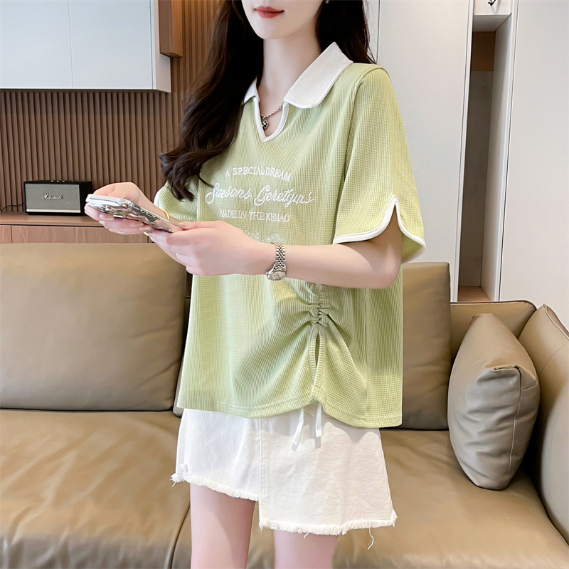First shot of waffle contrasting colors in summer new short-sleeved T-shirt for women