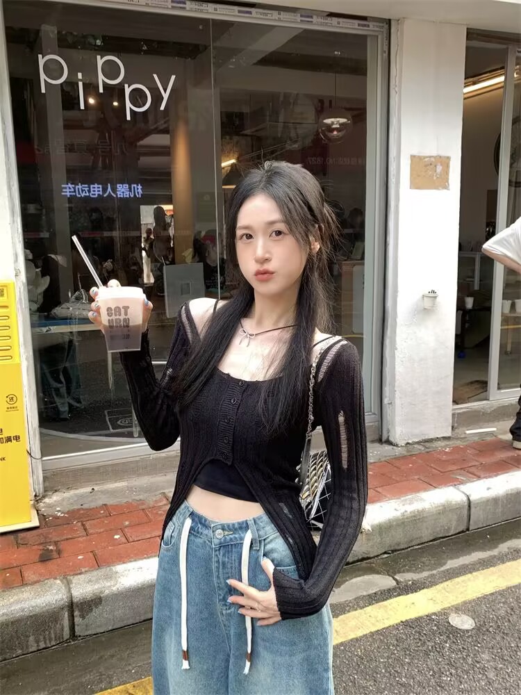 Pure desire style hollow hole knitted cardigan for women in early autumn new sexy irregular splicing slit short top