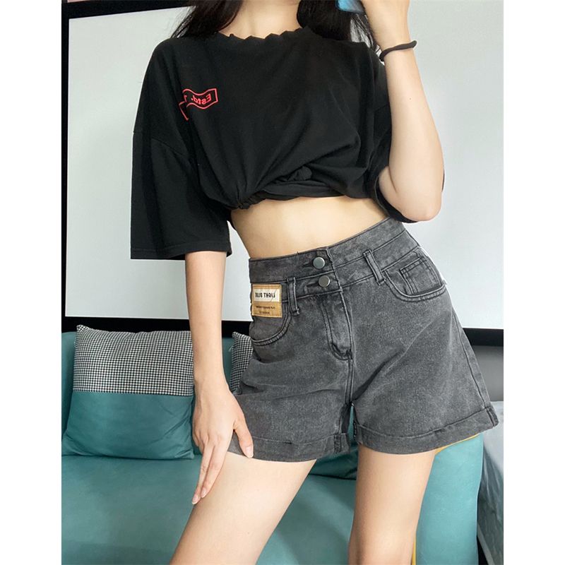 Trendy high-waist double-button denim shorts for women's thin spring and summer new loose and slim A-line curly denim hot pants