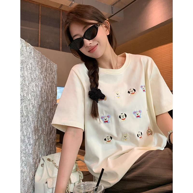 Embroidery 21 super cool cotton 210 grams extra large size 240 catties cute puppy party short-sleeved T-shirt