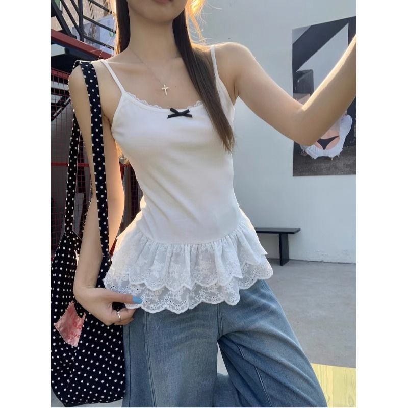 原做工甜辣妹蝴蝶結背心小吊帶女春蕾絲花邊下擺疊穿內搭上衣