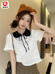 Beautiful doll collar knitted short-sleeved women's summer T-shirt hollow design contrast color Korean flared sleeve sweet top