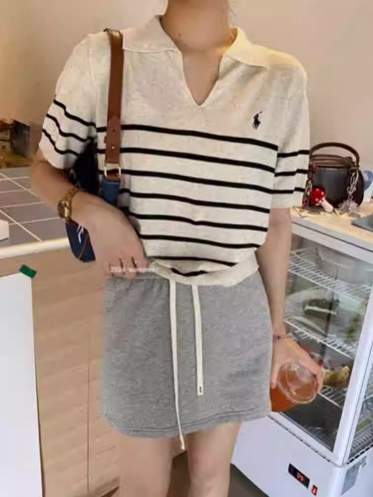 Summer POLO neck T-shirt for women with navy blue striped short-sleeved human head horse embroidered lapel t-shirt ice silk commuter