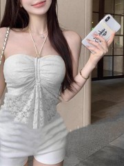 New summer pure sexy neck halter strap for women with slim high-end hollow lace top with chest pad