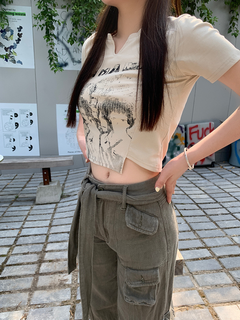 韓國外貿韓版新款復古短袖t恤女夏季不規則設計感純欲辣妹短款
