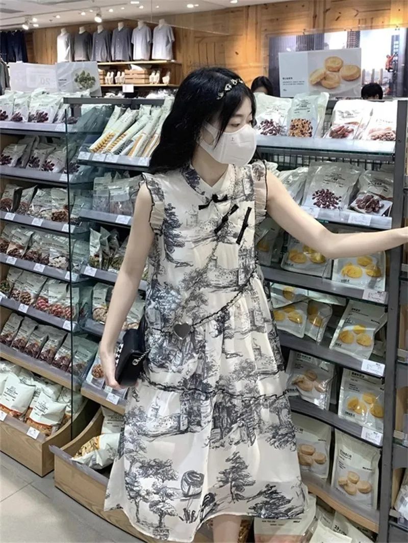 New Chinese cheongsam dress for women in summer Jiangnan ink painting high-end small person Feifei sleeve temperament skirt for women