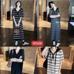 2025 summer hooded ice silk short-sleeved sweater dress for women summer striped straight long over-knee long skirt