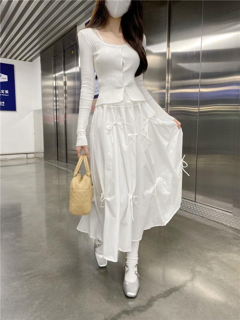 Real shot French Hepburn style bow skirt women's high waist slim A-line large umbrella skirt