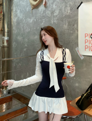 Real shot of fake two-piece waist-hugging dress for women long sleeves high-end spring temperament skirt for women