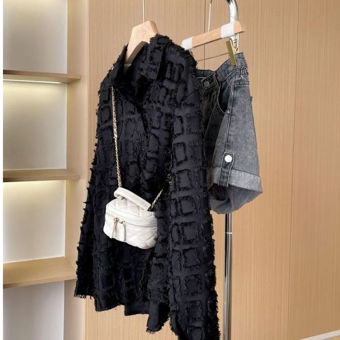 Real photo quality spring and summer sun protection clothes medium long thin cardigan shirt plaid tassel jacket