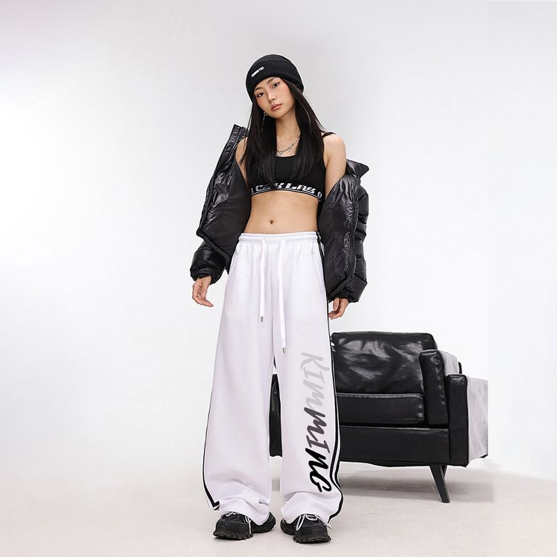 Dance brand black three-bar hip hop banana pants design sense print spring and autumn sports pants jazz casual pants 