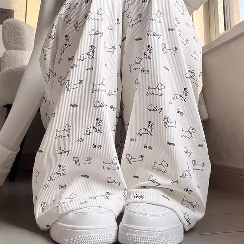 Puppy floral wide-leg pants for women in summer thin drooping lazy casual cool shaking walk pants