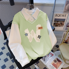 Real photo of the street back bag collar twill thin POLO collar sweatshirt for women cartoon long-sleeved jacket design top internet celebrity