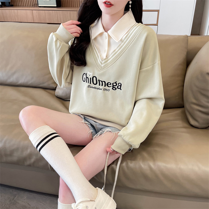 The first release of imitation cotton and cotton composite real super new Korean version cartoon POLO collar short sweatshirt for women