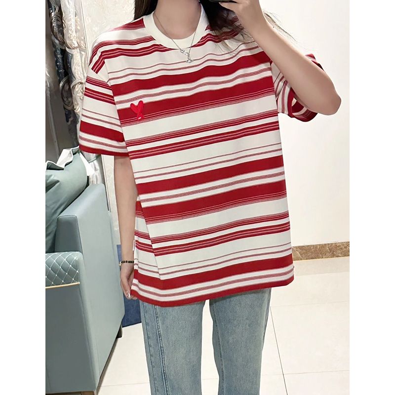 Pure cotton 210g good quality striped loose round neck short-sleeved T-shirt for women