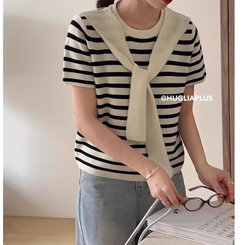 Korean simple fake two-piece shawl age-reducing striped pullover 2025 summer new six-wool beauty clothes