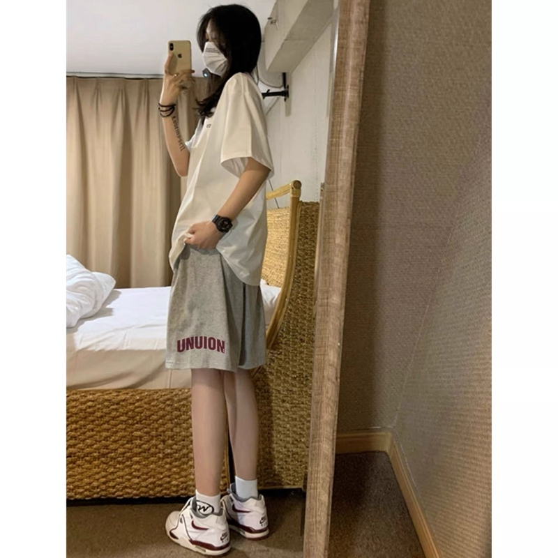 灰色運動短褲女夏天新款直筒五分褲高腰顯瘦休閒褲寬鬆闊腿中褲子
