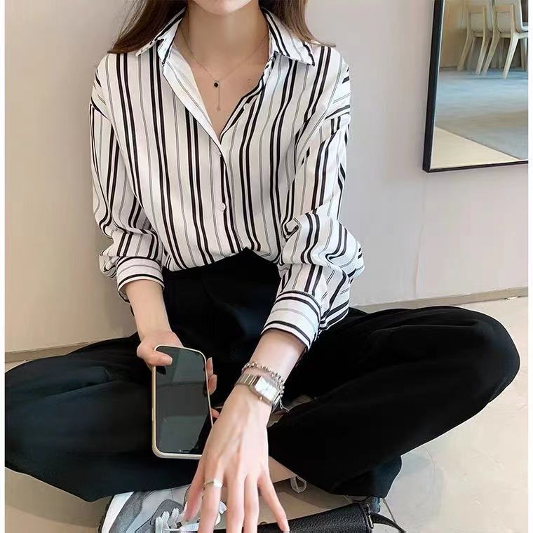 條紋襯衫女春秋款寬鬆設計小眾慵懶輕熟港味法式長袖襯衣