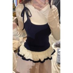 韓系假兩件花邊拼接長袖t恤女秋冬新款洋氣獨特别致修身打底上衣