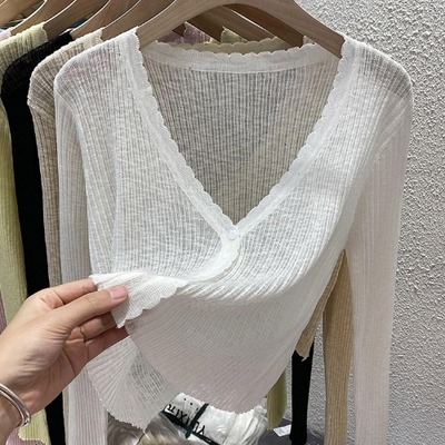 Knitted cardigan summer thin women's outer wear V-neck white ice silk early autumn small fragrance sunscreen jacket short top