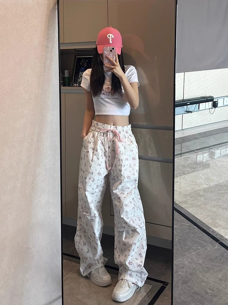 韓系穿搭碎花白色工裝褲女夏季2025新款小個子寬鬆垂感直筒闊腿褲