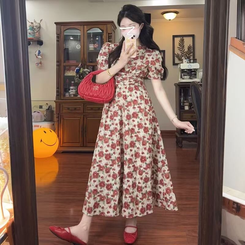 Summer V-neck Floral Rose Dress for Women 2025 New French Temperament High-end Waist-Close Slim Long Skirt