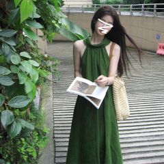 2025 summer French neck halter style waist-hugging lazy style vacation dress with a long white off-shoulder skirt